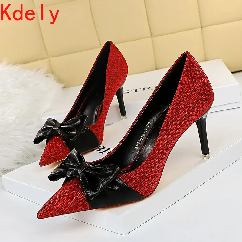 

Butterfly-knot Pointed Toe Pumps Women Fashion High Heels Shoes Slip on Shoes Shallow Weave Slides Mixed Color Zapatos De Mujer