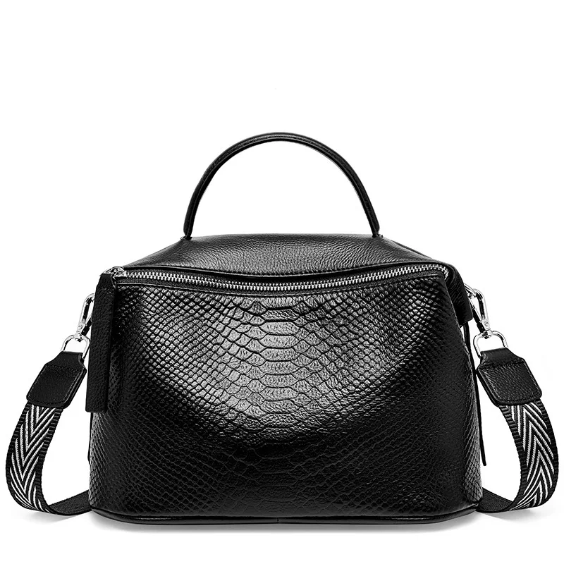 

New Women Boston Handbags Snake First Layer Cowhide Large Capacity Lady Double Shoulder Strap Shoulder Bag Crossbody Bags