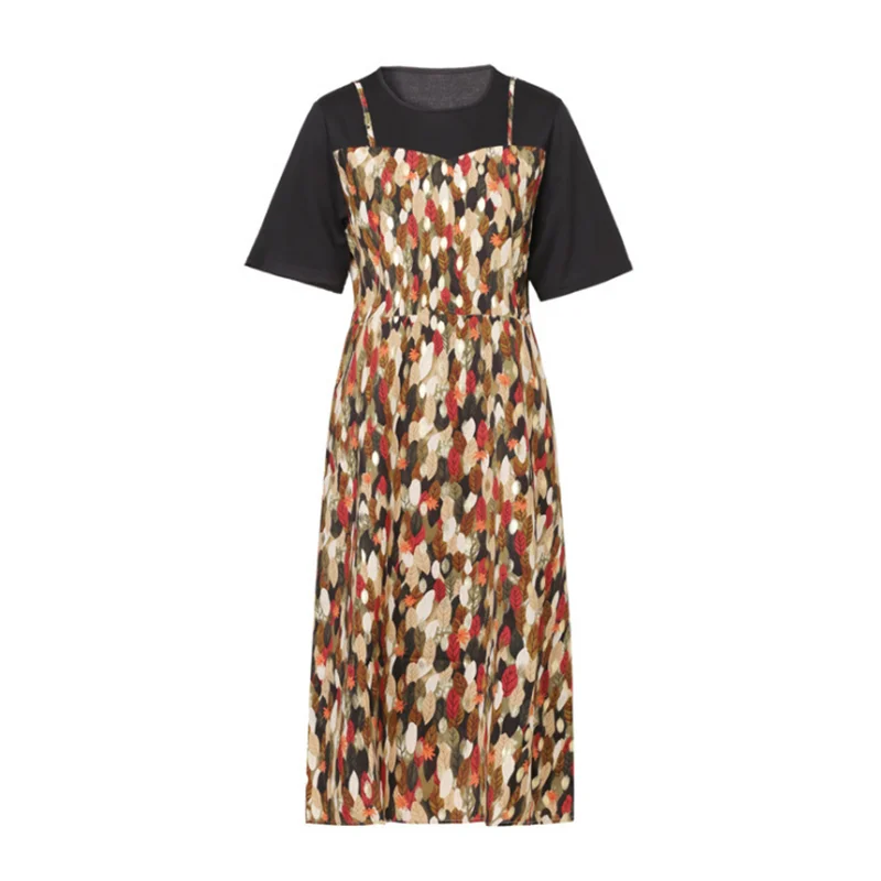 

2021 Summer Women's Dress Round Neck Short Sleeve Female Clothes Retro Oil Painting Floral Print Suspenders Casual Woman Dress