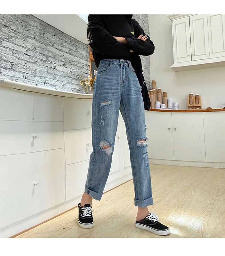 

Jeans high waist denim woman ripped boyfriend jeans ladies Korean distressed distressed jeans blue denim trousers