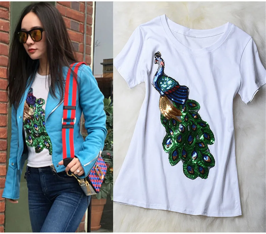Новинка модная женская элегантная футболка с круглым вырезом и павлином