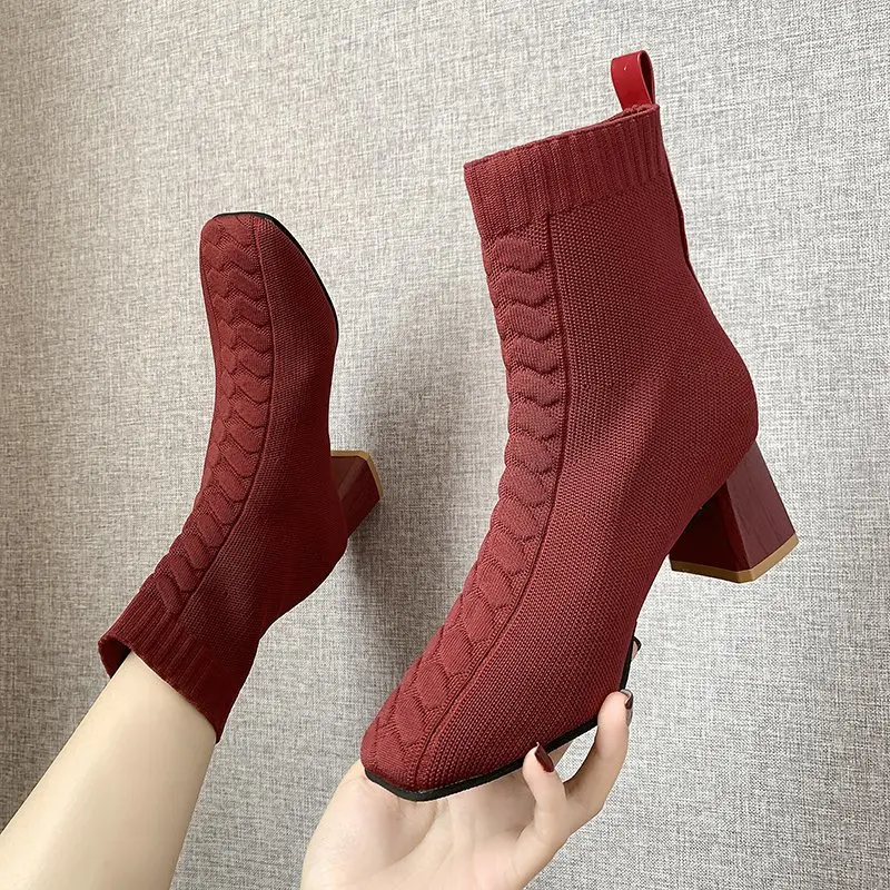 Sexy Pointed Toe Ankle Boots Women Pumps Thick Heel Solid Color Party Shoes Woman High Heel Shoes Socks Shoes Zapatillas Mujer