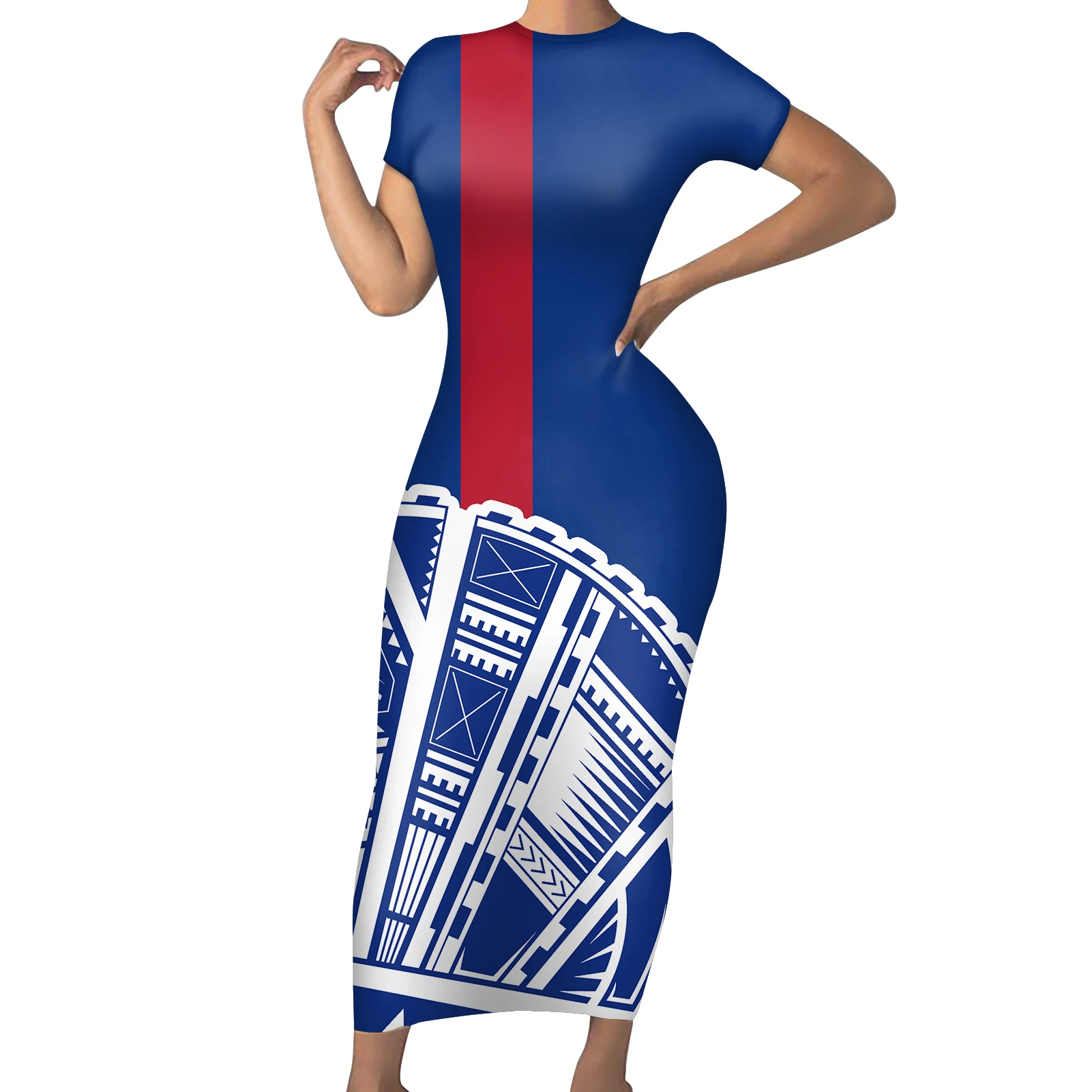 

Female Streetwear White Blue Red Dress Short Sleeves O Neck Tonga Polynesia Summer Women Print Beach Workwear Party Casual Femme