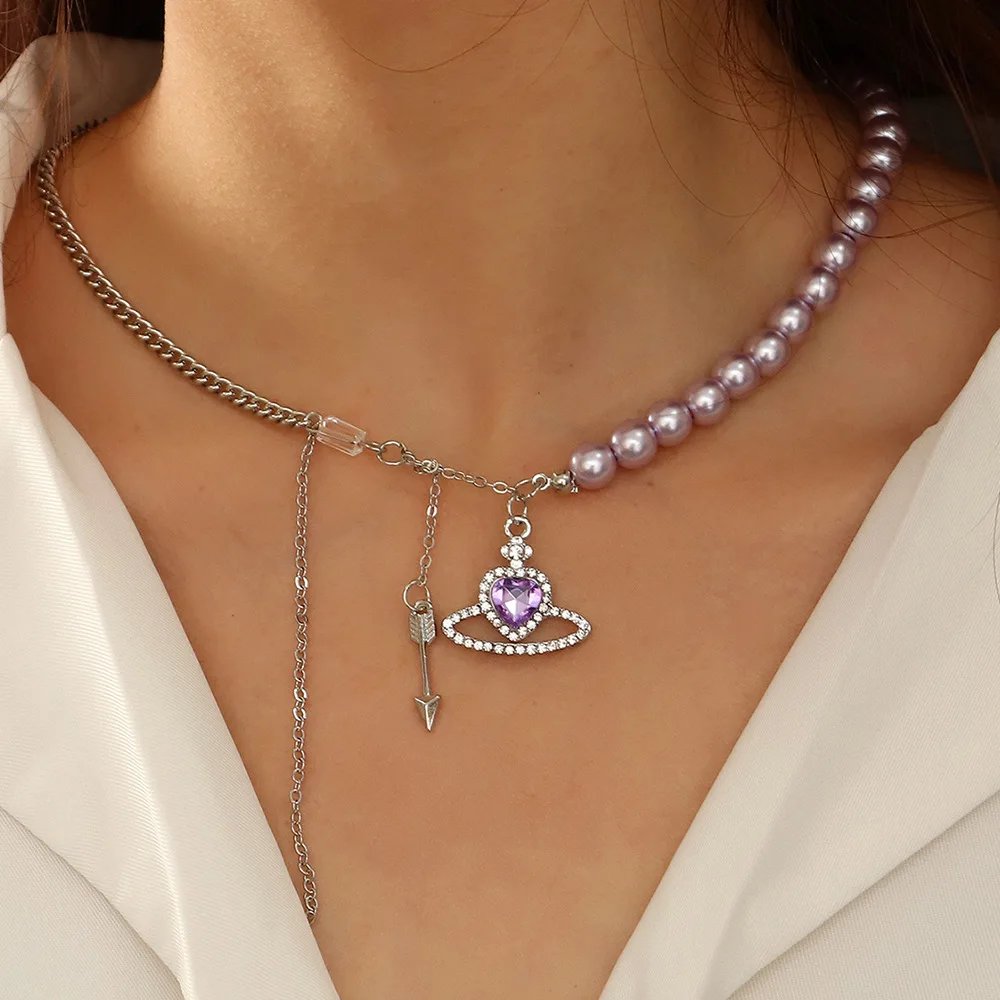 

Innovative Universe Purple Crystal Planet With Purple Imitation Pearl Necklace Women Neck Decoration Clavicle Chain Jewelry Gift