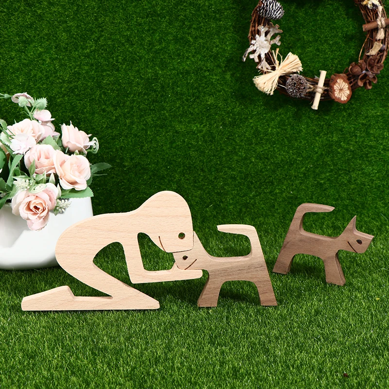 

Wooden Craft Figurine Home Decor Ornaments Decoration Wooden Puppy Human Carving Dog Table Decorative Sculpture Futniture Decor