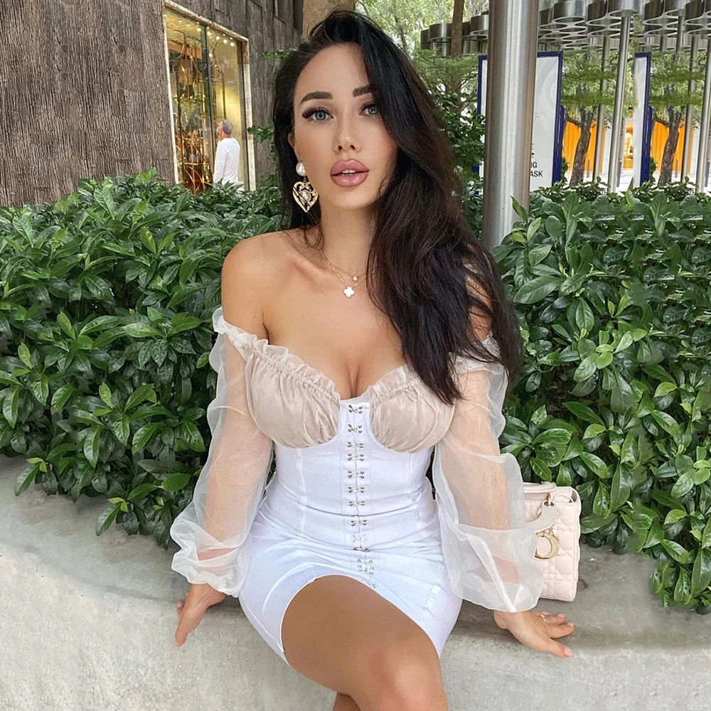 

Ladies New Fashion Elegant White Lantern Sleeve Sexy Tight Bandage Dress 2021 Tulle Mesh Stitching Tube Top Party Mini Dress