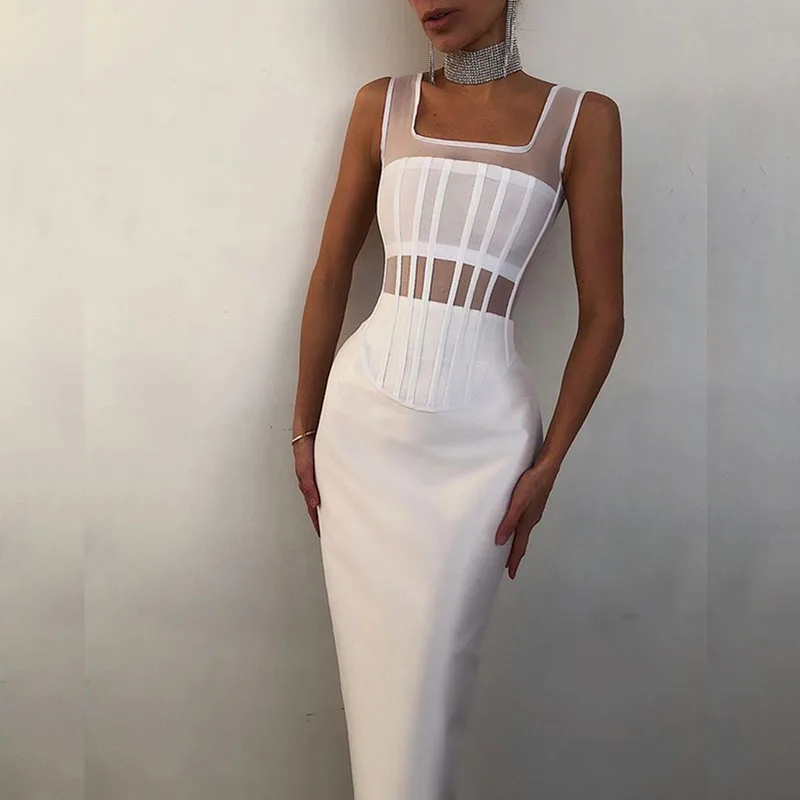 

2021 New Arrival White Midi Bandage Dress Women Summer Sexy O Neck Mesh Hollow Out Striped Bodycon Celebeity Evening Party Dress