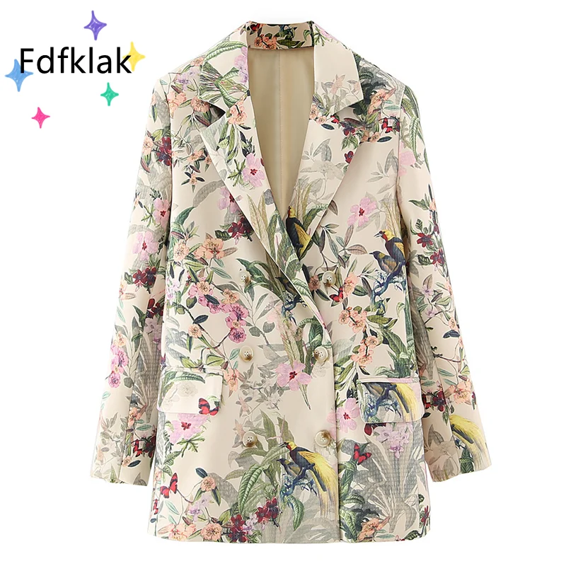 Fdfklak Womens Blazer Double Breasted Flower Bird Print Suit Jacket Loose Big Size Coat Fashion Formal Blazer Office 2019