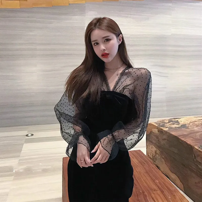 Шикарный французский с пышными сетчатыми рукавами вельветовое платье 2019 новые