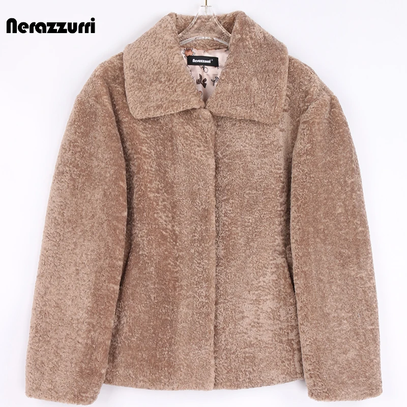 

Nerazzurri Winter Short Warm Thick Soft Faux Karakul Fur Coat Turndown Collar Luxury Fluffy Jackets for Women Fashion Style 7XL