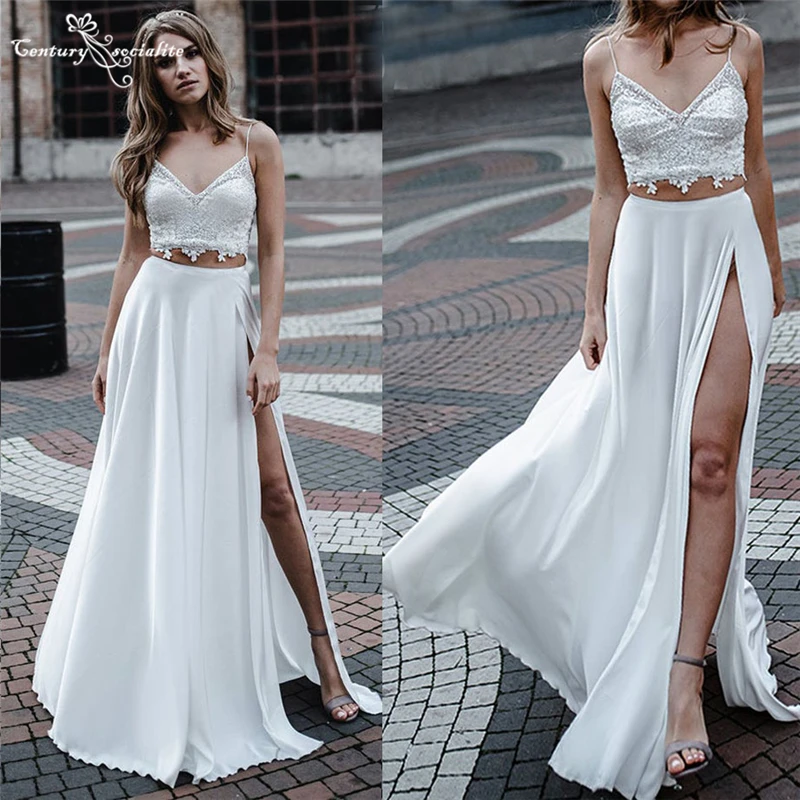 

Two Pieces Boho Wedding Dresses with Slit Spaghetti Straps Lace Chiffon Sexy Bride Dress Beach Bridal Gowns Vestido De Noiva