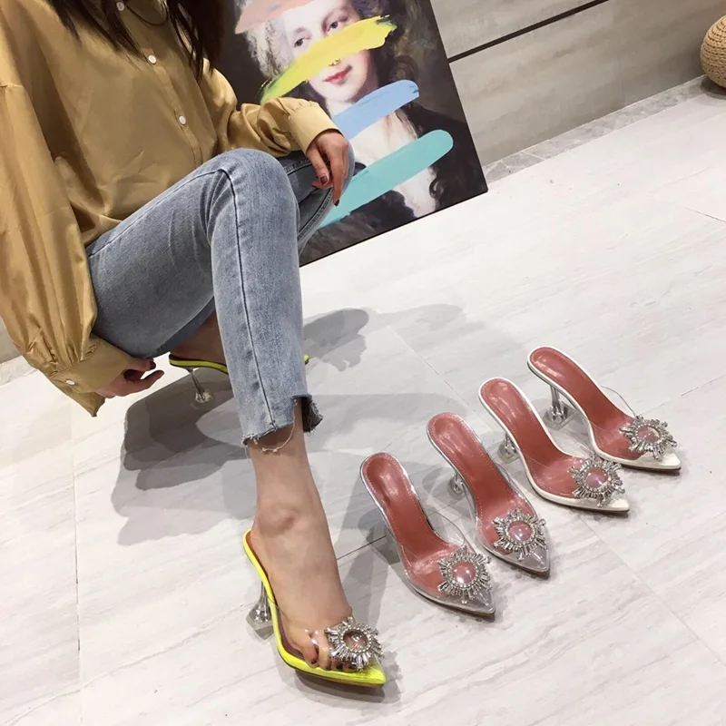 

MR CO Women Pumps Elegant Pointed toe Rhinestones High heels Wedding Shoes Crystal Clear heeled Slingback Pumps Sandals