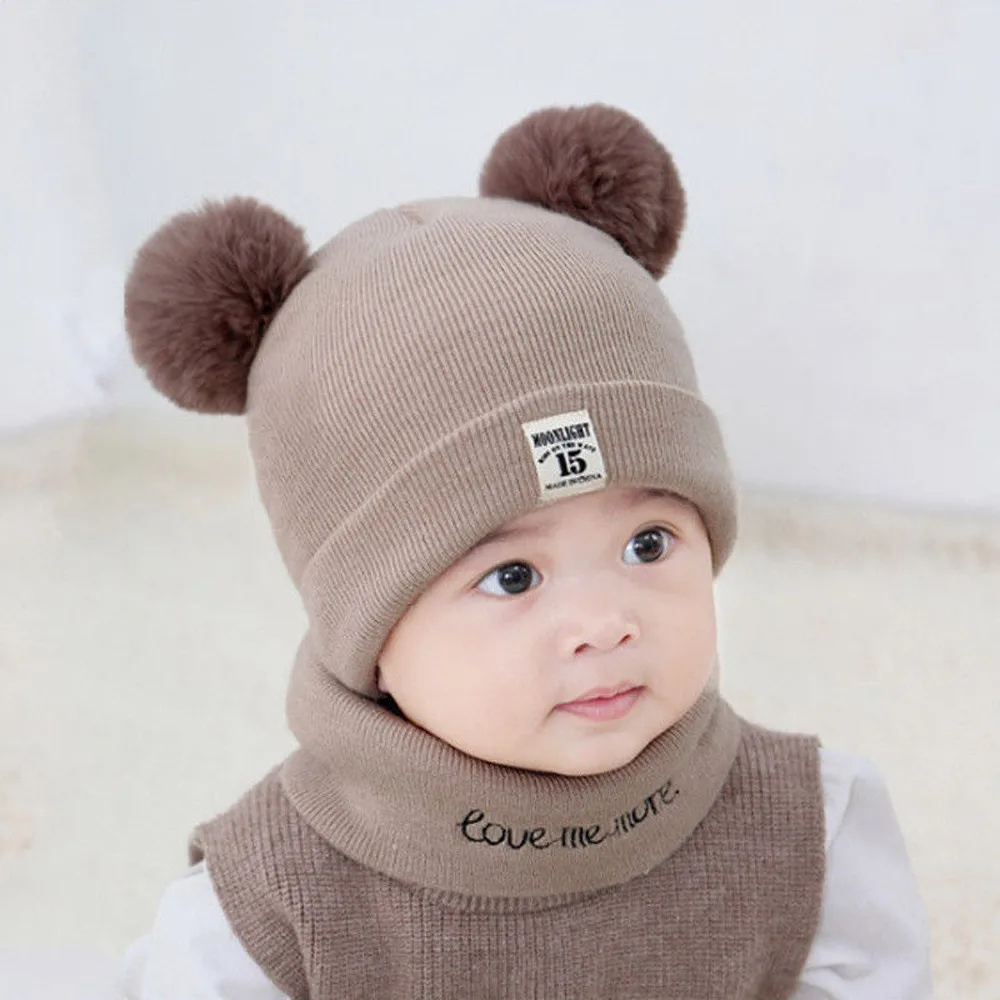 2 Pieces Baby Beanies Cap Set Kid Solid Color Plush Ball Girls Hat And Scarf Winter Warm Caps For Boys Newborn | Детская одежда и