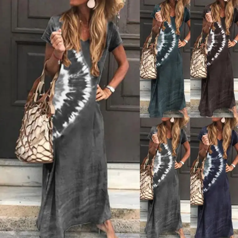 

Женщины; Лето; В стиле бохо праздник Пляж короткий рукав галстук краситель длинное платье Свободного Покроя Макси-Кафтан Сарафан