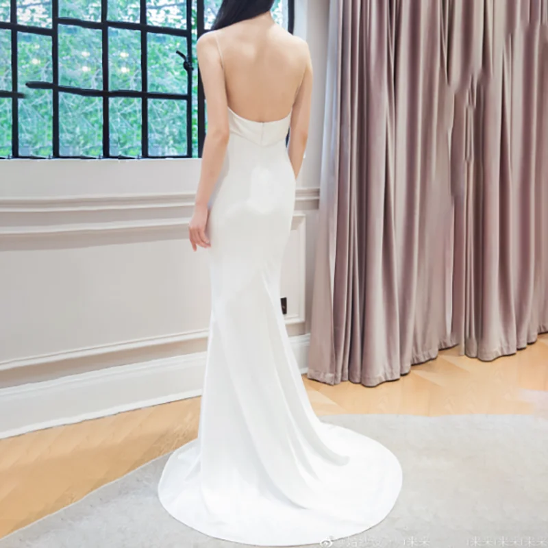 Satin Spaghetti Straps Wedding Bride Dress Mermaid Low Cut Zipper Simple Backless Elegant Bridal Gown Plus Size Custom Made #979