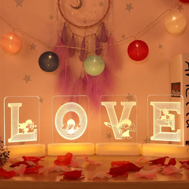3D Acrylic Curtain LED String Light Fairy Valentine's Day Gifts Holiday Lighting LOVE Ornamnet for Home Bedroom Decoration | Освещение