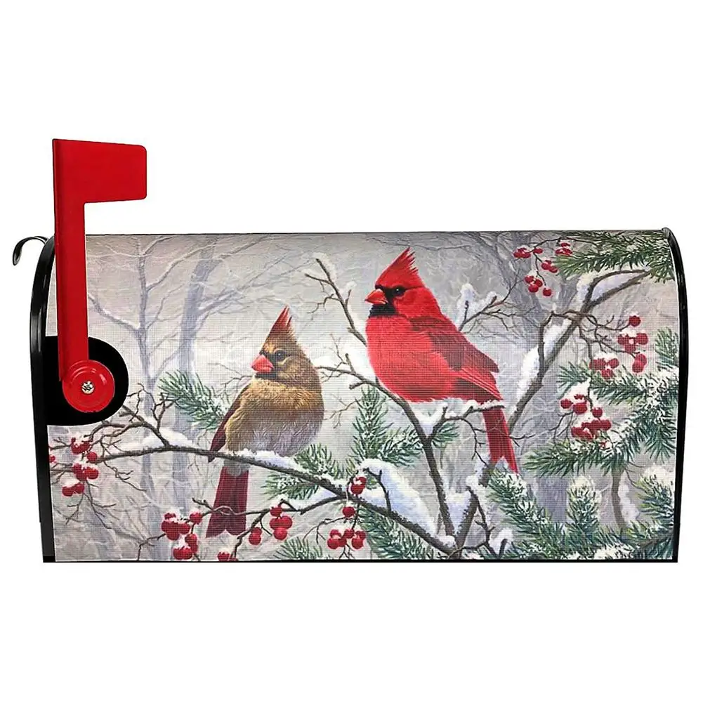 

Winter Magnetic Mailbox Cover Cardinals Bird Holly Berry Branches Mailbox Wraps Post Letter Box Cover Waterproof Christmas Decor