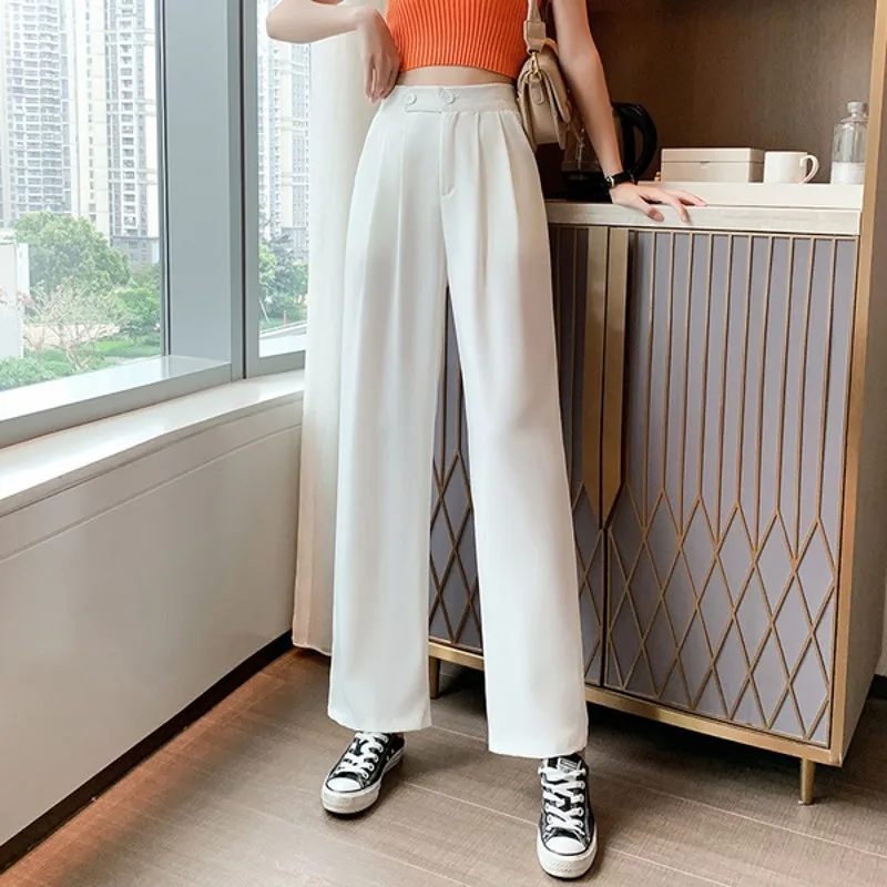 

2021 spring summer Casual Pants Womens Wide-leg High Waist Button Design Trousers Korean Loose high waist wide leg pants