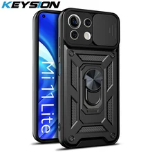 KEYSION Shockproof Case for Xiaomi Mi 11 Lite 5G NE 1i 11T Ring Stand Push Pull Camera Protection Phone Cover for POCO M3 M4 Pro