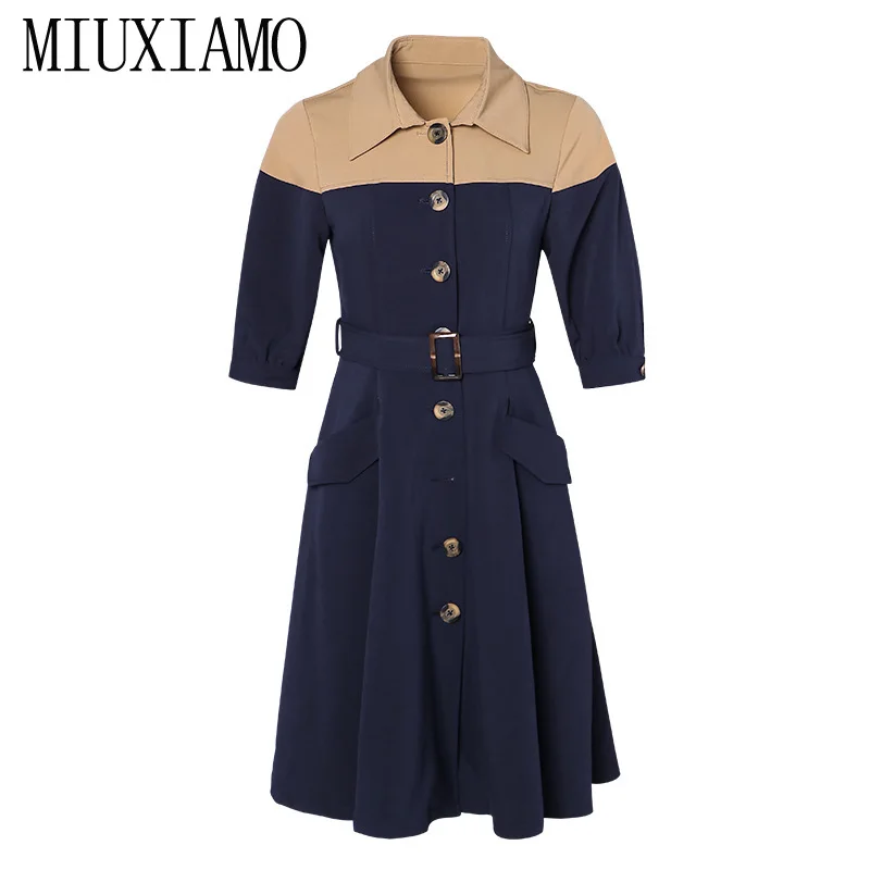 

MIUXIMAO Top Quality 2019 Fall Winter Dress Women Half Sleeve Patchwork Vintage Casual Silm Office Dress Women Vestido with Belt