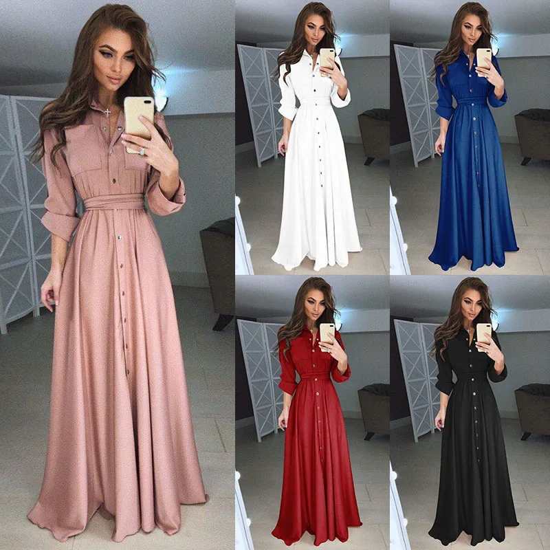 

2020 Autumn Long Sleeve Party Dress Plus Size Slim Vintage Elegant Button High Waist Lace Up Ladies Casual Women Long Dresses