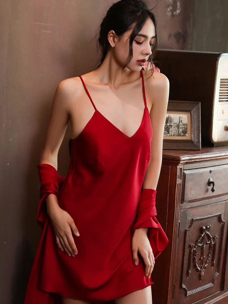 

Ice silk summer women's Pajama suspender two piece set women's thin Silk Kimono Robe sexy morning Gown Lace Up bathrobe