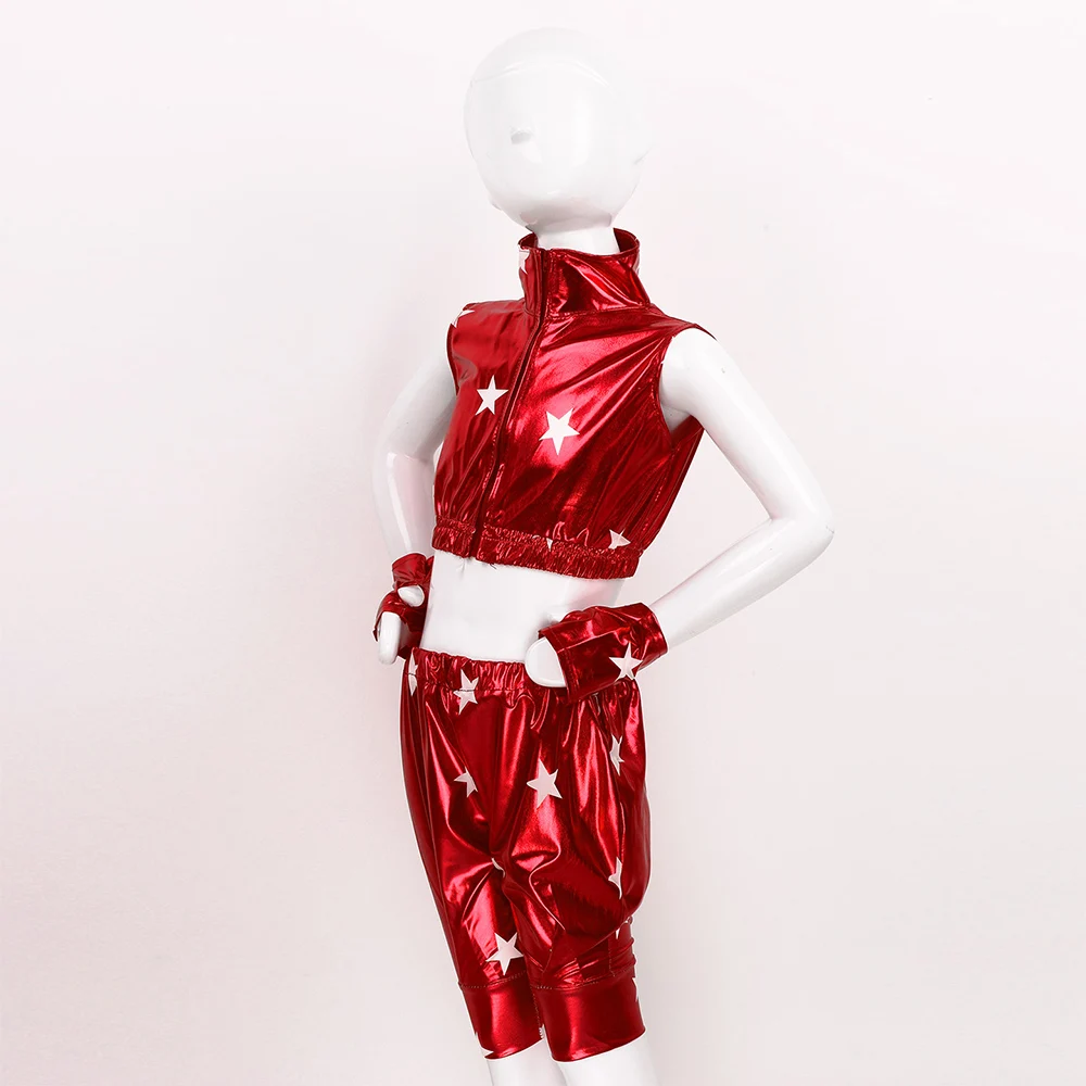 Kids Hip-hop Jazz Costume Modern Dance wear rave Outfit Star Metallic Sleeveless Zipper Crop Top with Pants Wrist Sleeves Set |