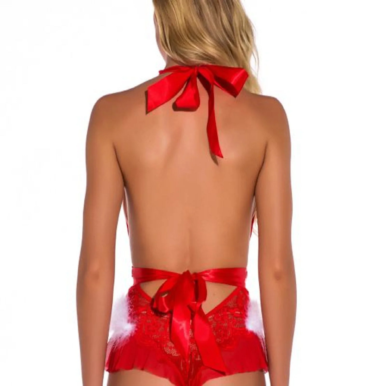 

S-2XL Plus Size Women's Teddy Dress Hot Erotic Red Sexy Underwear See-Through Lace Bow Sexy Lingerie Porno Deep V Lady Babydolls