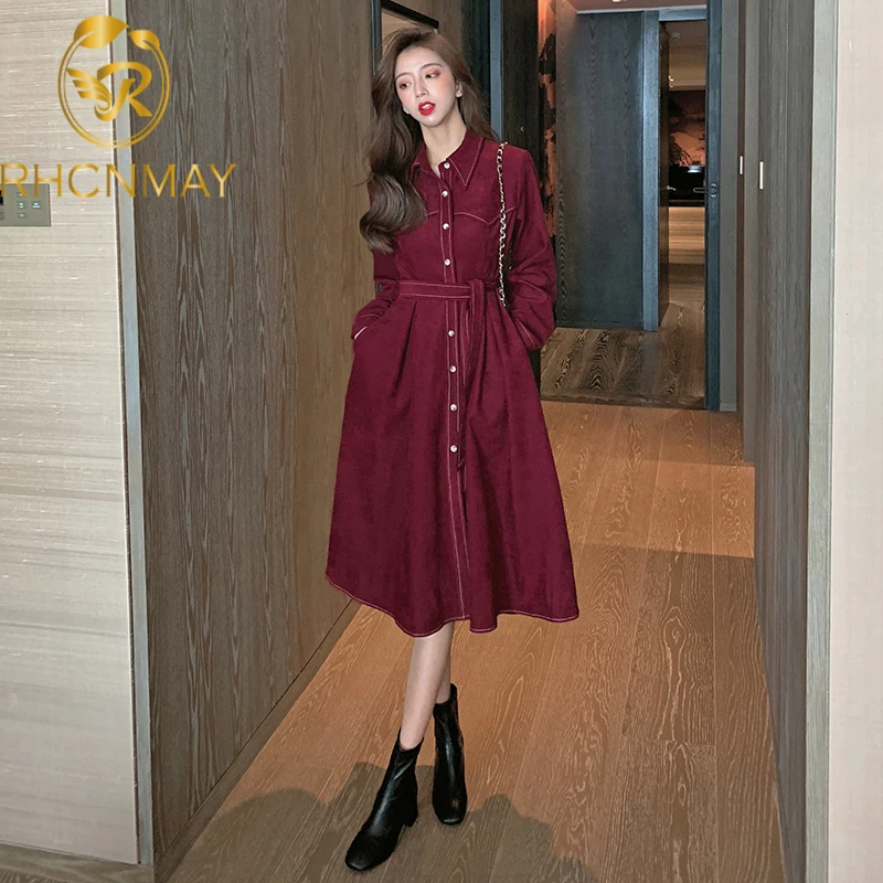 

2021 New Women Corduroy Dress Streetwear French Style Solid Romantic Vintage Dresses Autumn Midi Long Dress Slim Frenulum Dress