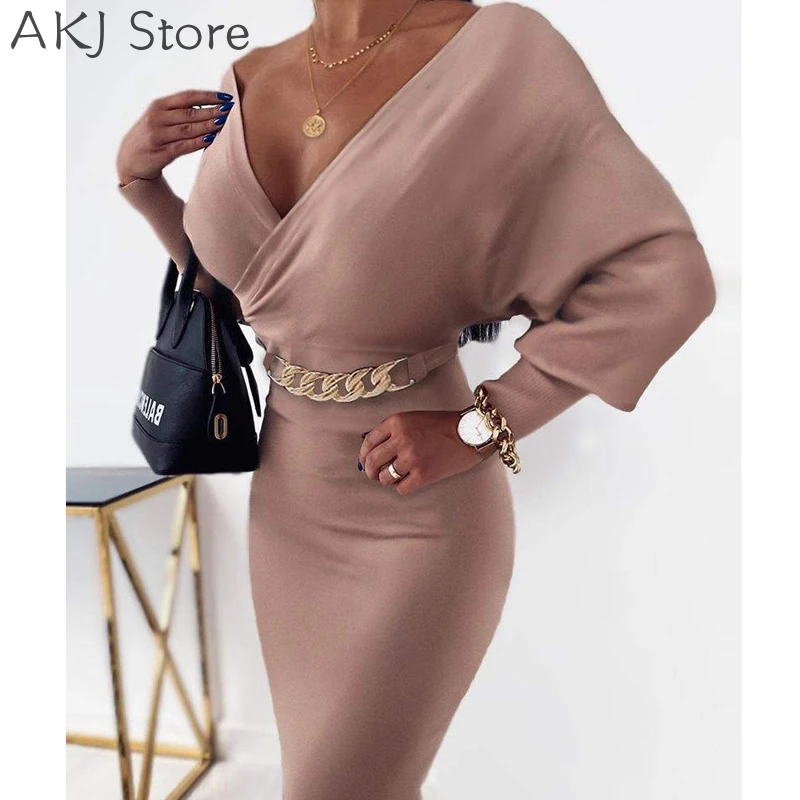 

Women Elegant V neck Chain Design Batwing Sleeve Wrap Dress Office Workwear Bodycon Dress