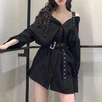 2021 new autumn womens dress high street fashion trend style solid color functional wind long sleeved v neck loose dresses