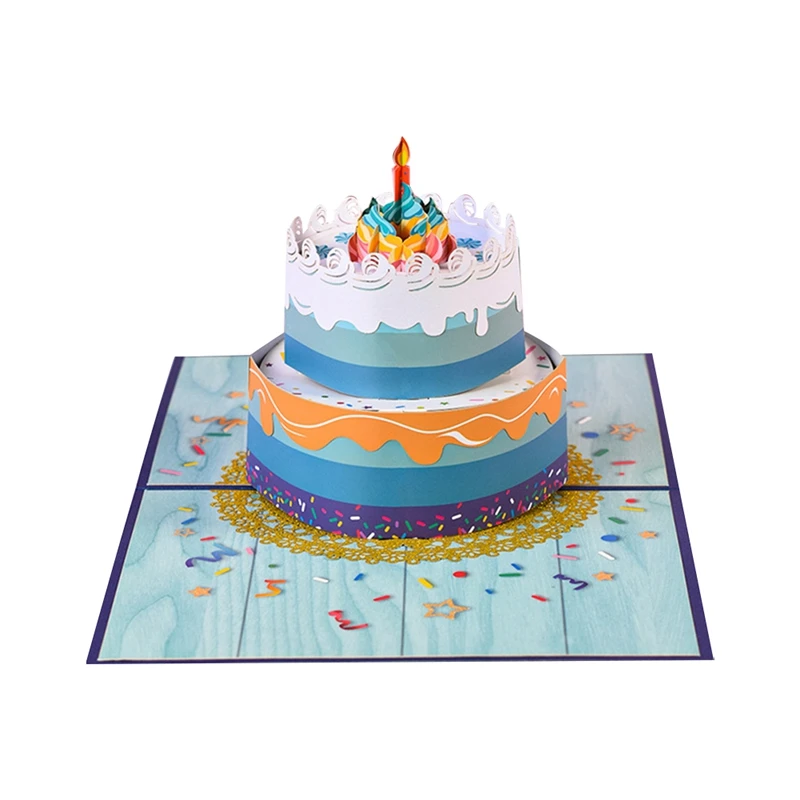 Трехмерная открытка на день рождения с синим двухслойным дизайном торта