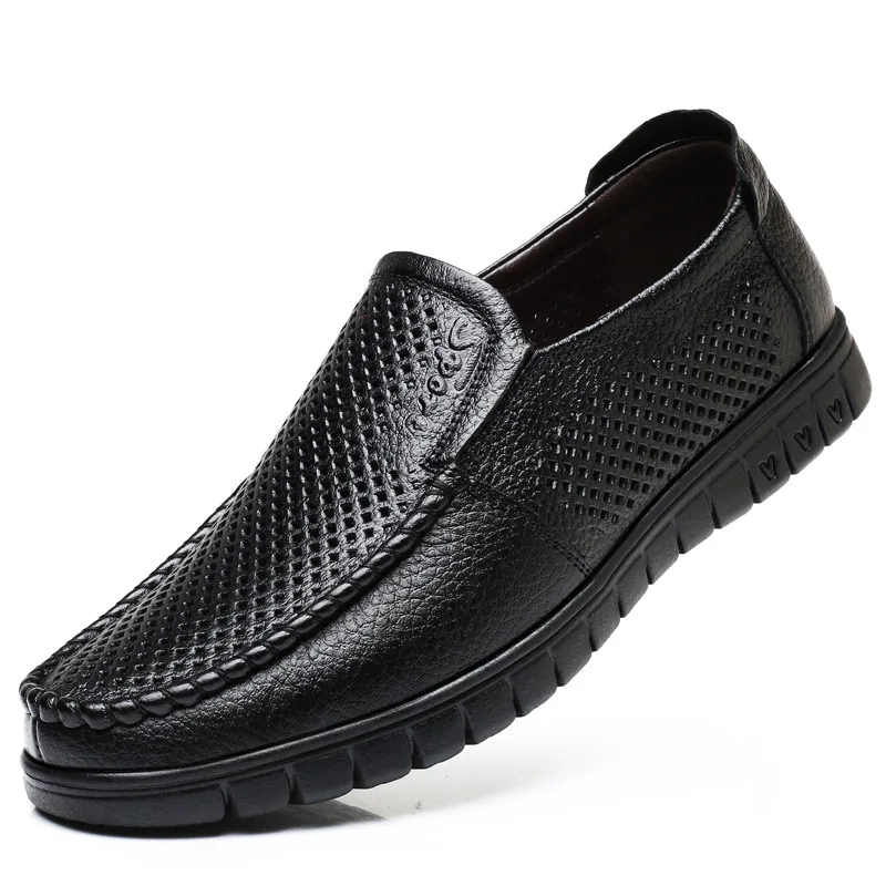 

Summer Fall Cutout Hole Shoes Breathable Slip on Leather Loafers Men 2021 Casual Shoes Leather Driving Moccasins Black