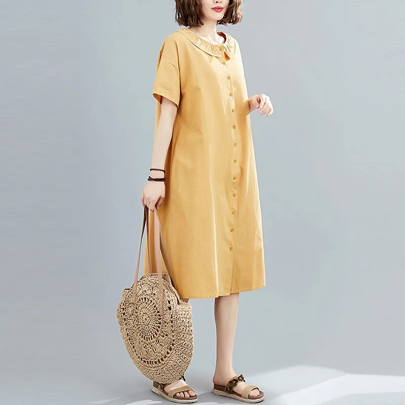 

Oversized Women Cotton Casual Dress New Arrival 2021 Summer Korean Simple Style Peter Pan Collar Loose Female Long Dresses S3038