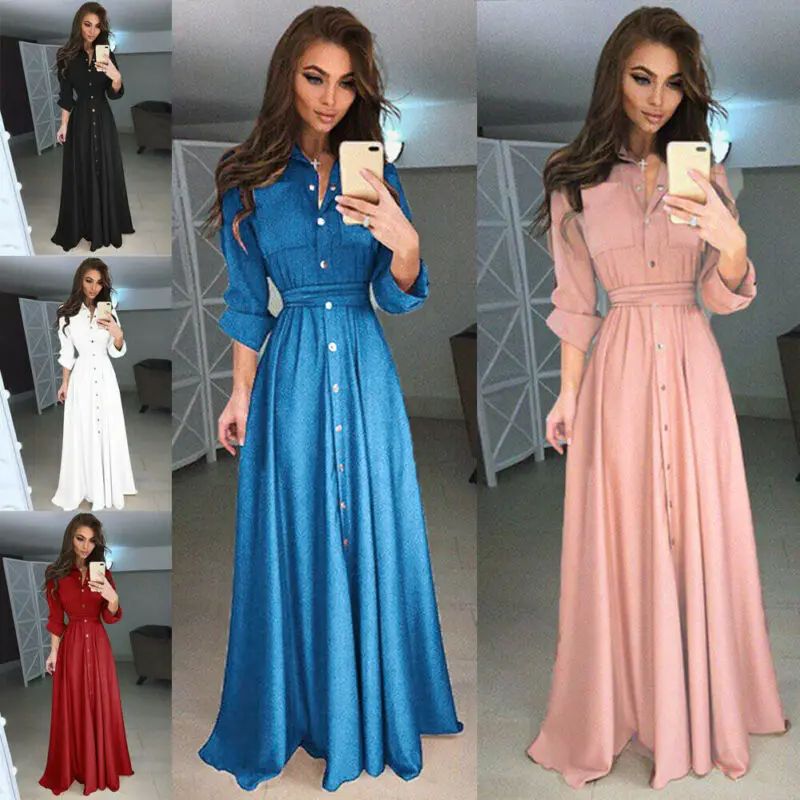 Женское платье макси на пуговицах однотонное красное свободное большого размера