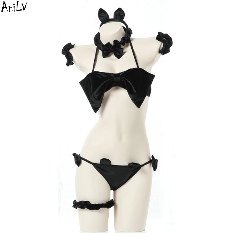

AniLV милый женский купальник бикини с бантом на груди костюм кавайная кошка черный купальник униформа для вечевечерние в бассейне Косплей