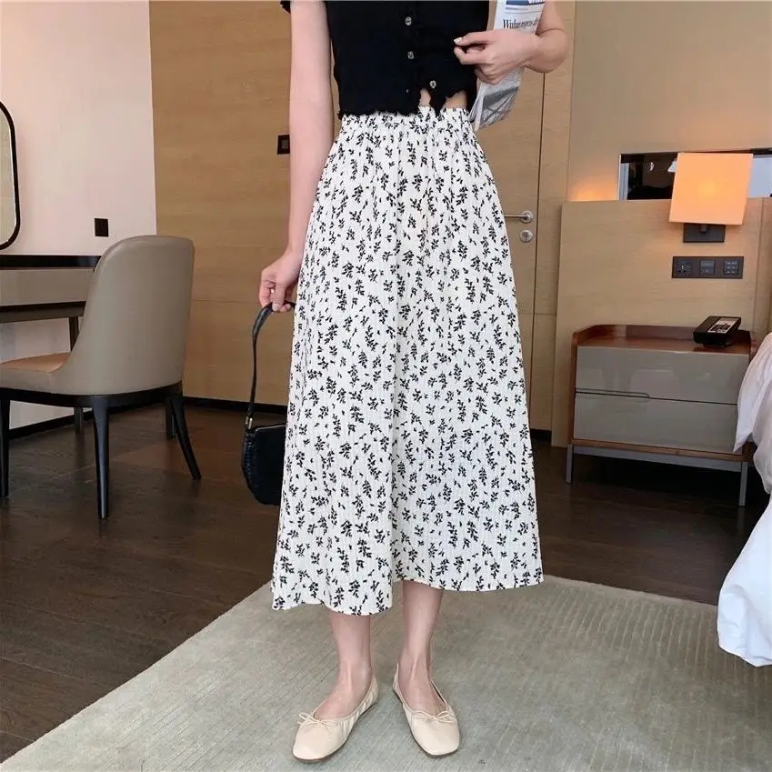 

Summer new floral skirt medium length small fresh skirt girl student's slim super fairy high waist A-line skirt
