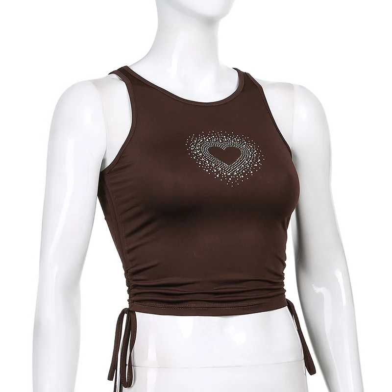 Coração Gráficos Shinny Diamante Remendos Y2k Marrom Tanque Topo Casual Lado Ruched Cordão Verão Camisola Feminino Esportes Iamhotty 3 Coração gráficos shinny diamante remendos y2k marrom