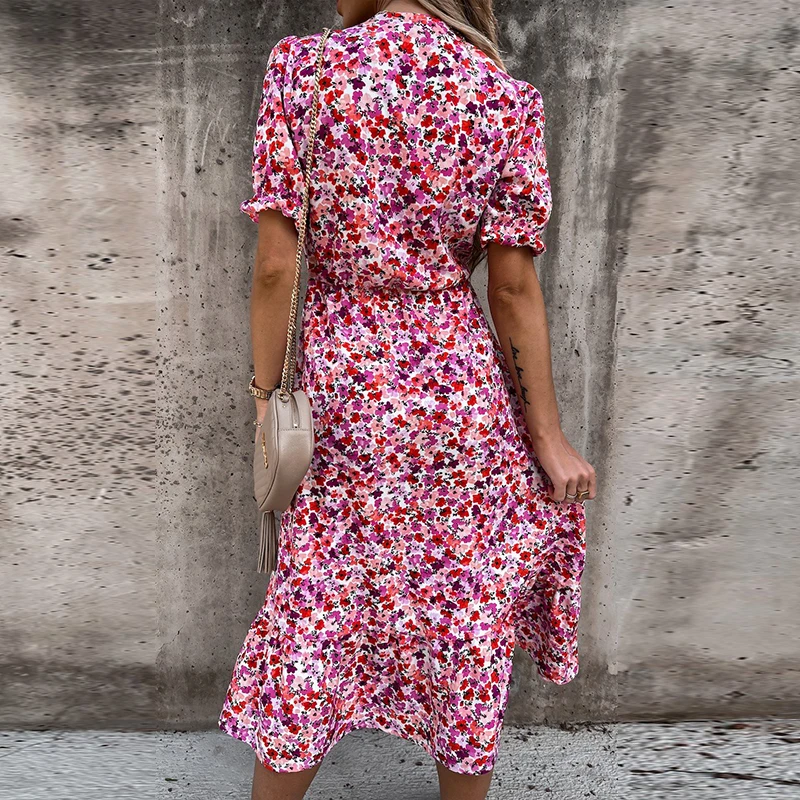 

Women Summer Long Dress High Split Floral Print V Neck Puff Sleeve Dress Spring Short Sleeve A-Line Beach Midi Dress Ladies