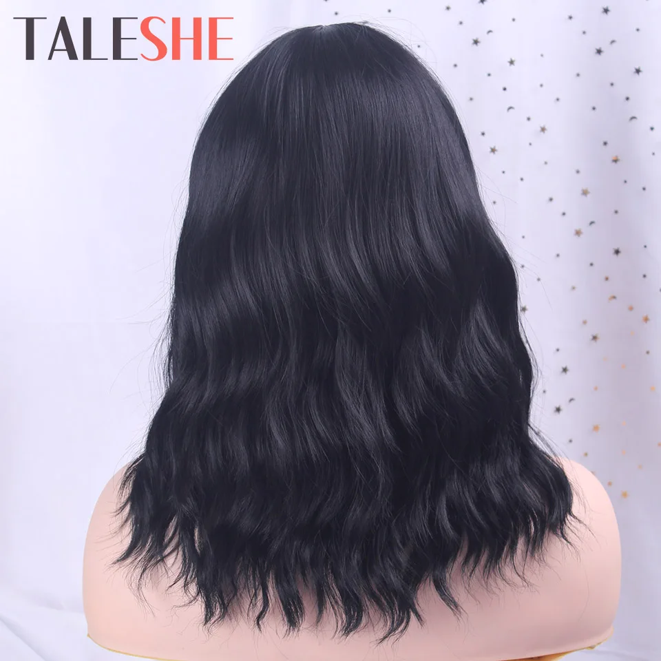 

TALESHE Short Wavy Wig with Bangs Synthetic Wigs for Women Natural Brown Mixed Black Hair Bob Wigs Heat Resistant Fiber Natural