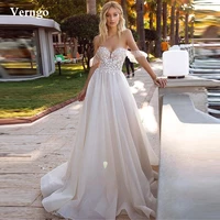 verngo off the shoulder a line wedding dress applique floral grid mesh modern bridal dresses low back long robe de mariage 2021