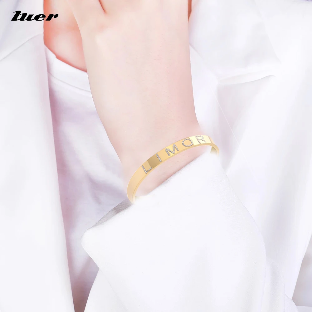 

LUER Customized Name Bracelet/Stainless Steel Pave Name Bangle Cuff Custom Bangle/Letter Name Bangle For Women Best Friend Gift