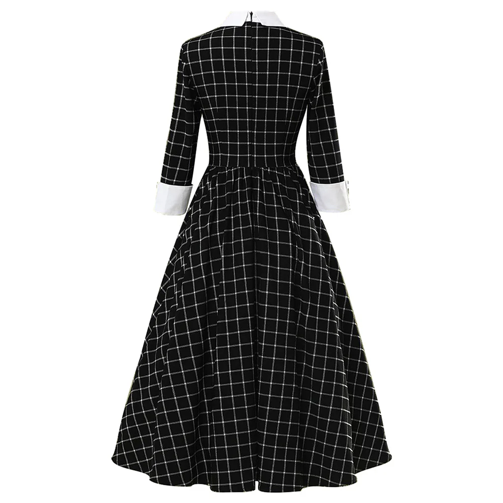 

Sisjuly Ladies Plaid Vintage Dresses Spring Autumn Color Block Bowknot Simple Mid-Calf 1950s Swing Dresses Retro Women Robe Chic
