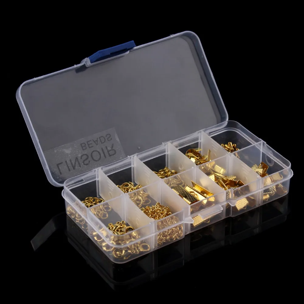 

10 Grid/lot Jewelry Findings Tool Kit Mixed Jump Rings,End Cap Extender Chain,Lobster Clasps For DIY Making Necklaces
