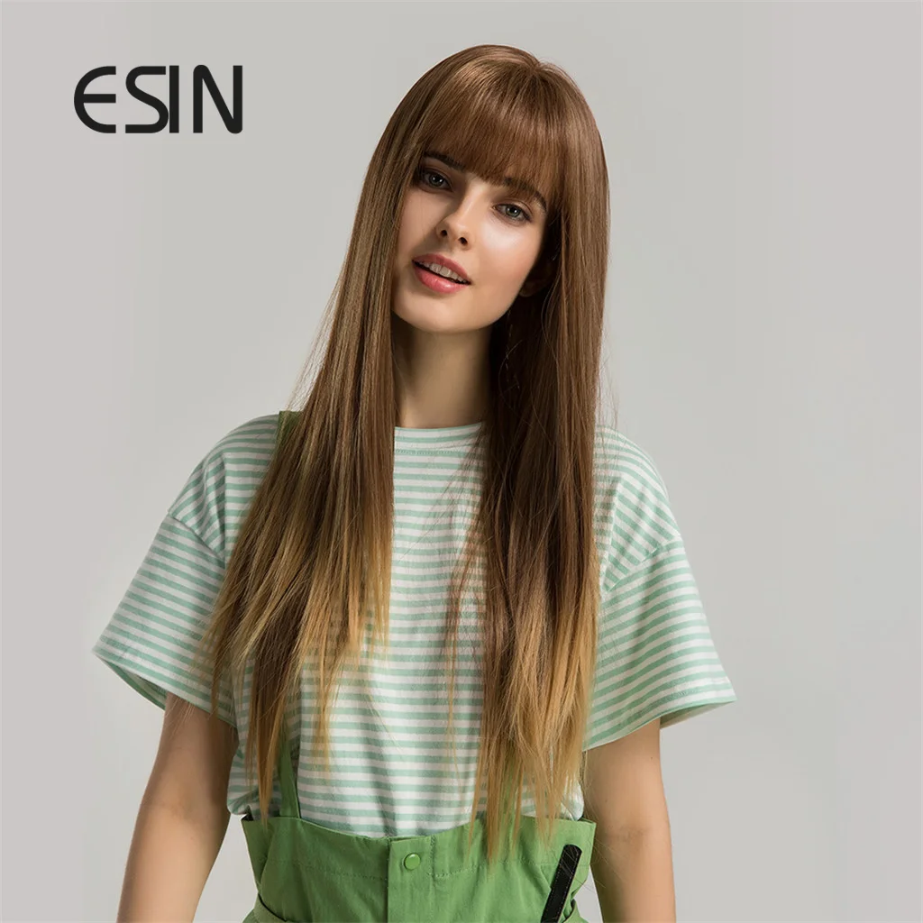 ESIN Blonde Brown Long Straight Wig with Air Bangs Daily Natural Synthetic Wigs for Women Heat Resistant Hair |