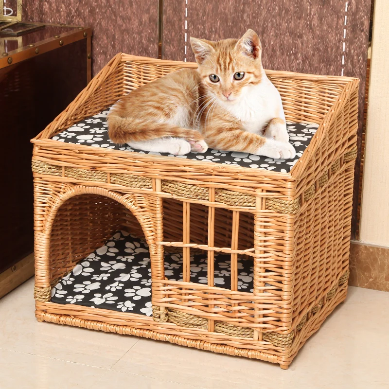 

Handmade Cat Bed House In Summer Pet Cat Rattan Villa Home Durable Pet Sleeping Bed Breathable Cat Kennel Dropshipping