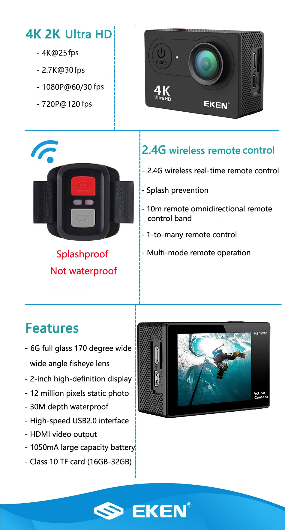 Экшн-камера eken H9R/H9 Ultra HD 4 K/30fps WiFi 2," 170D Водонепроницаемая камера для подводной съемки на шлеме Спортивная камера s