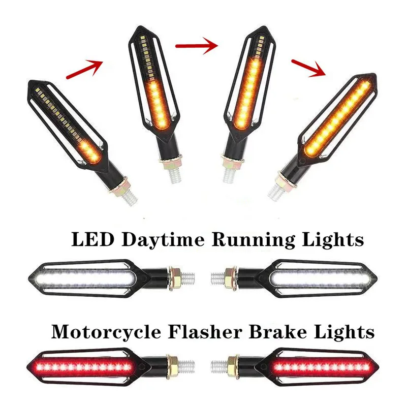 

24 светодиодных указателя поворота мотоцикла, поворотники, 12 В, последовательные трихразовые DRL, мигающие стоп-сигналы, сигнальная лампа