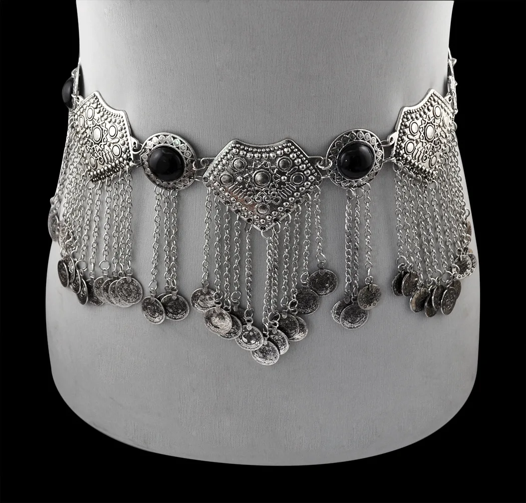 

Retro metal hanging coin tassel pendant body chain long belly dance waist chain Indian banquet woman yoga belt