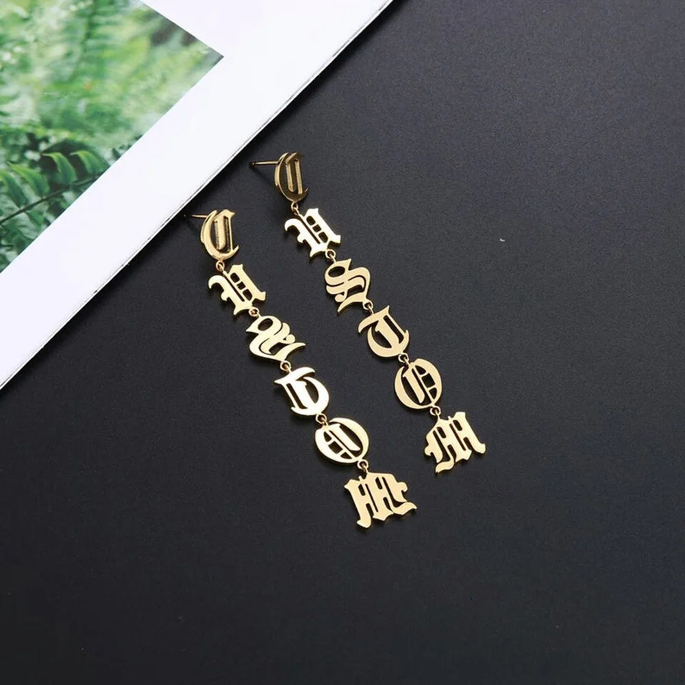 Customized Old English Letter Pendant Earrings Fashion Stainless Steel Women's Jewelry